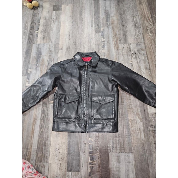 Boys Black Faux Leather Jacket Collared Zip Up Motorcycle Style - Picture 1 of 3